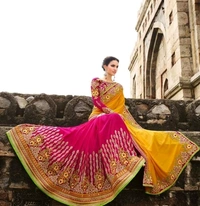 Heavy Embroidered Georgette Multicolour Saree With Separate Blouse for Marriage and party Wear - Yellow/Pink